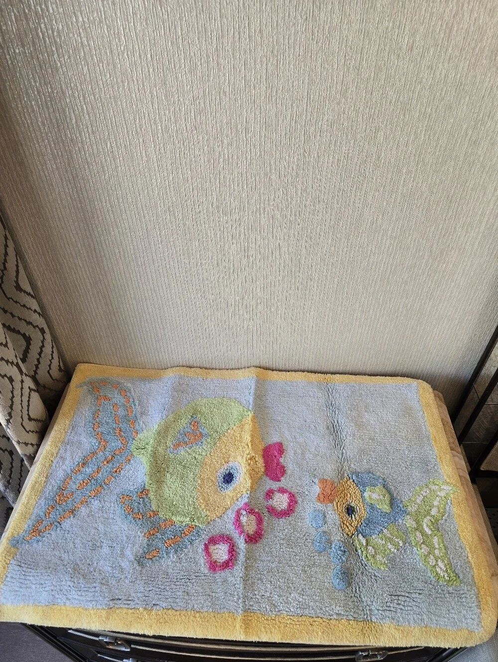 Pottery Barn Kids Fish Embroidered Bath Mat Towel Set in Yellow, Blue & Pink